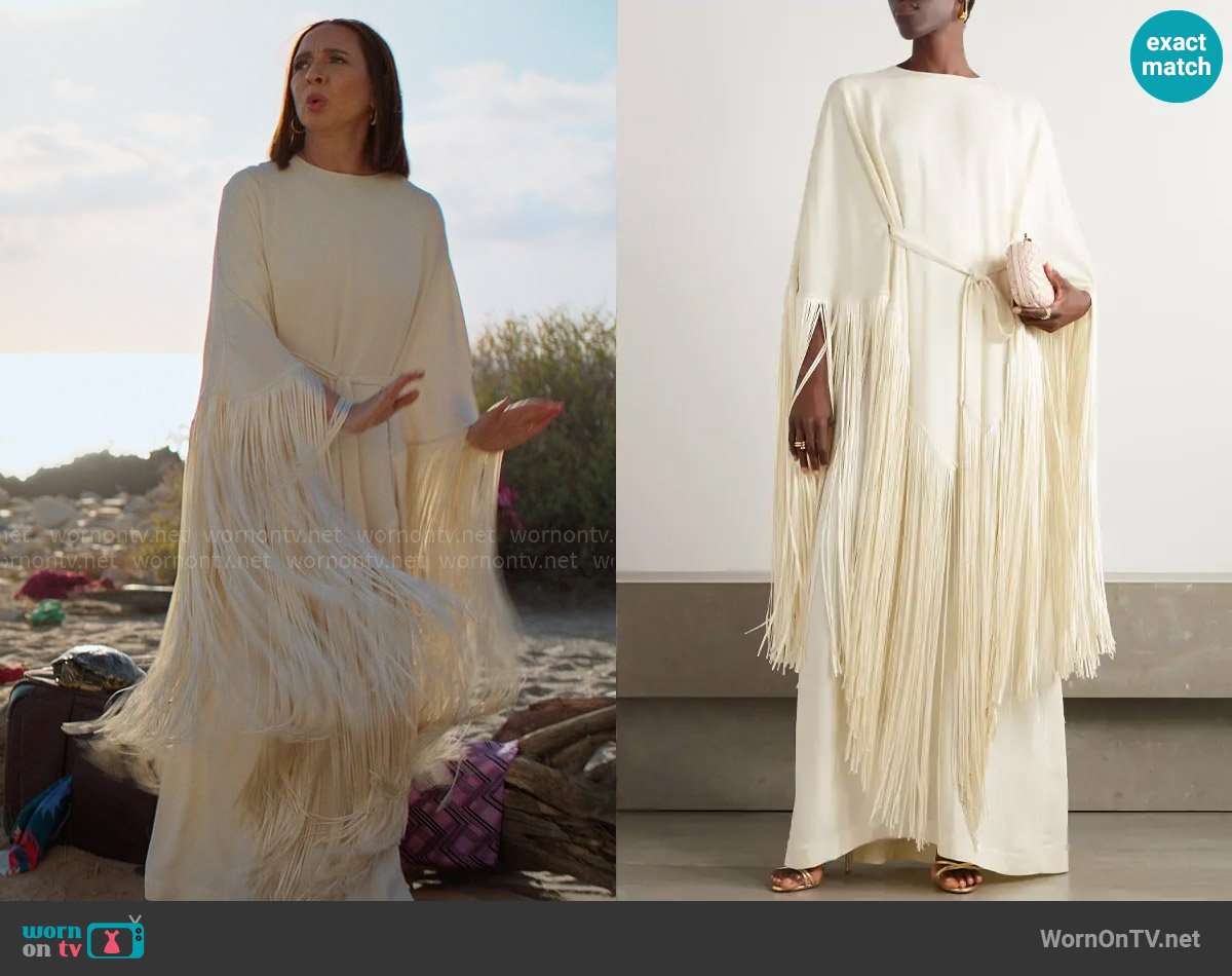 Taller Marmo Draped fringed crepe kaftan worn by Molly Novak (Maya Rudolph) on Loot