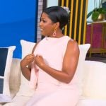 Tamron’s pink cold shoulder dress on Tamron Hall Show