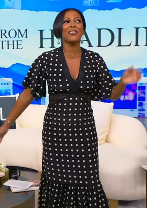 Tamron’s black polka dot print lace inset dress on Tamron Hall Show