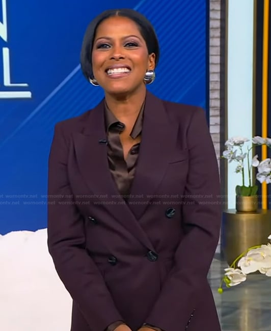Tamron’s burgundy double breasted blazer and pants on Tamron Hall Show