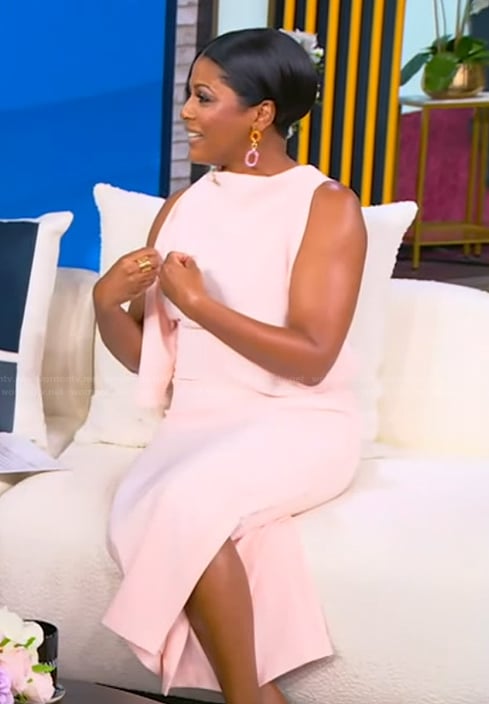 Tamron's pink cold shoulder dress on Tamron Hall Show