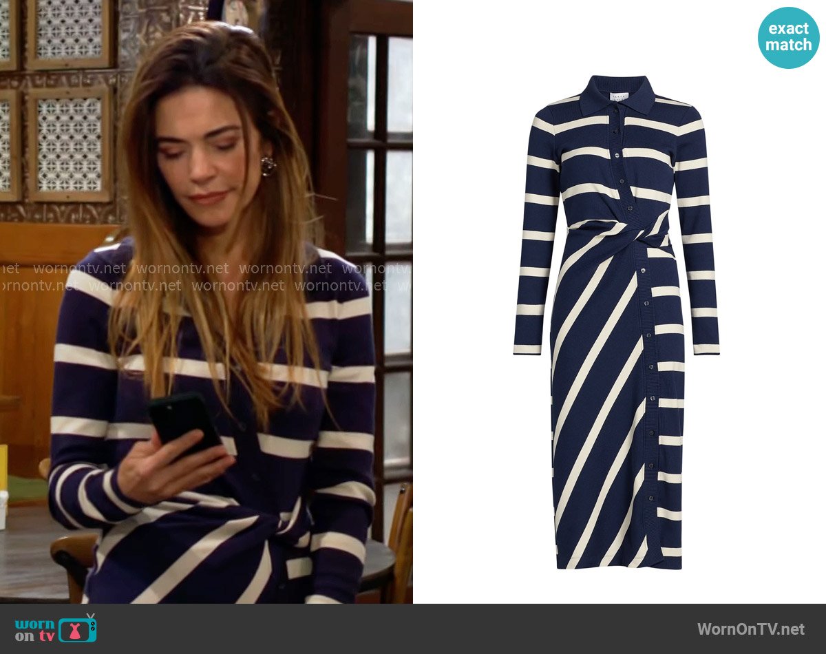 Tanya Taylor Ellicot Dress in Maritime Blue / Cream Wide Stripe worn by Victoria Newman (Amelia Heinle) on The Young and the Restless