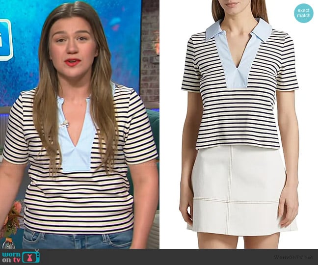 Tanya Taylor Melanie Striped Stretch Cotton Top worn by Kelly Clarkson on The Kelly Clarkson Show