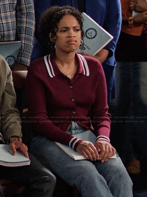 Tasha's burgundy cardigan on Abbott Elementary