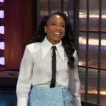 Taylor Polidore’s metallic blue skirt and top on The Kelly Clarkson Show