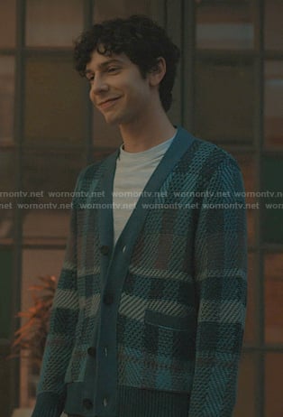 Teddy's blue plaid cardigan on Elsbeth
