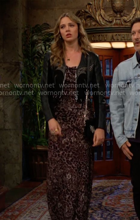 Tessa's leopard print dress and leather jacket on The Young and the Restless