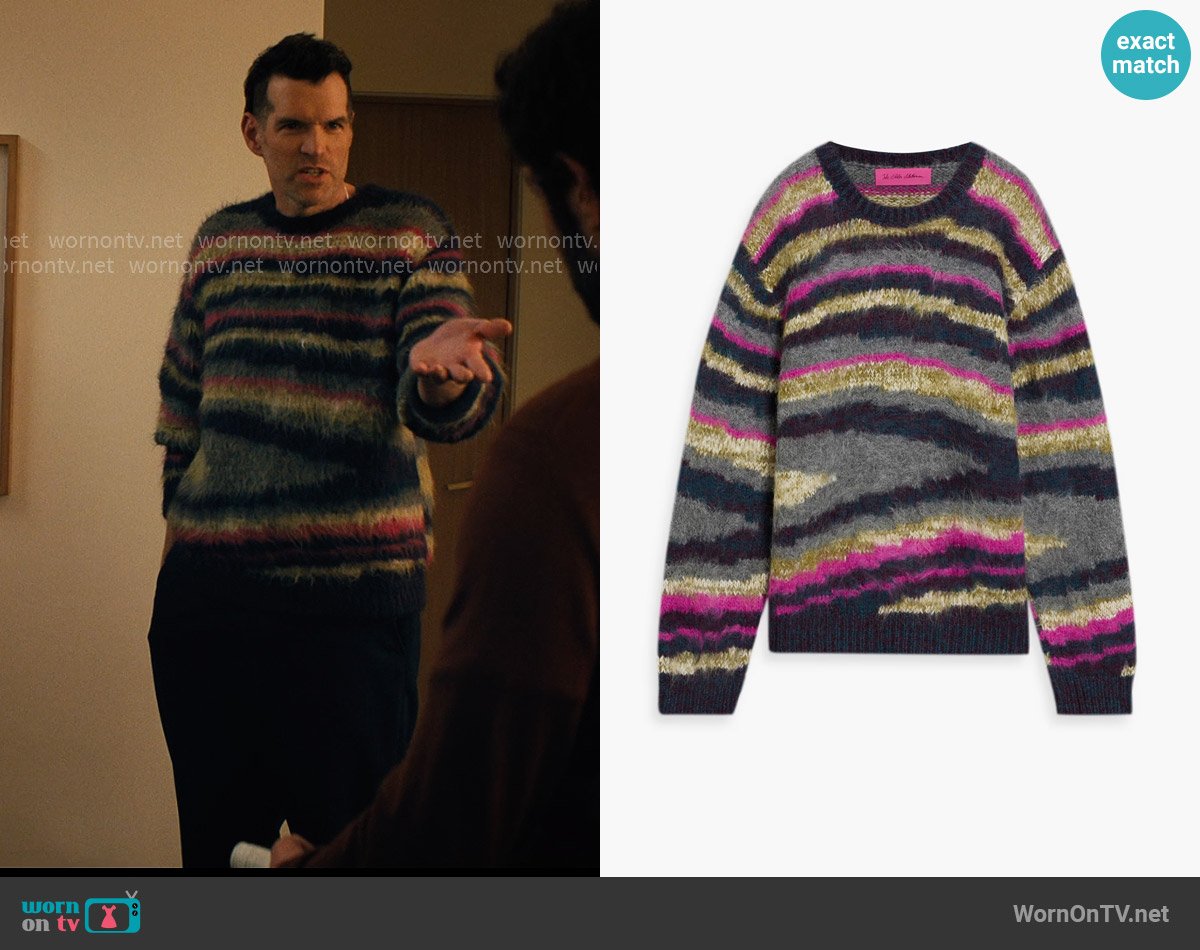 The Elder Statesman Oil Slick striped jacquard-knit alpaca-blend sweater worn by Sasha Roklov (Timothy Simons) on Nobody Wants This
