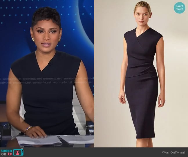 The Fold London Valerio Sleeveless Dress Navy Sculpt Knit worn by Jericka Duncan on CBS Evening News