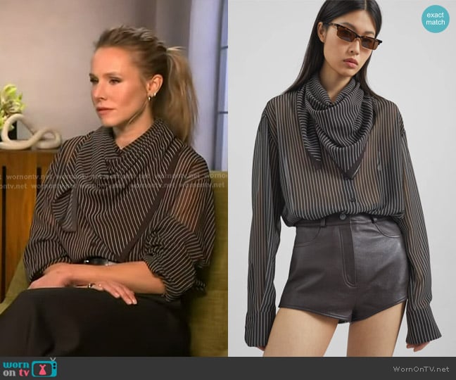 The Frankie Shop Peri Striped Shirt in Brown/White Stripe worn by Kristen Bell on Access Hollywood