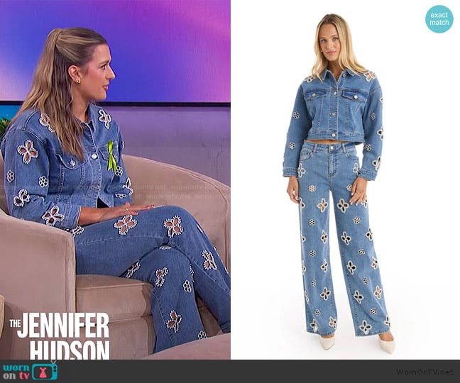 The Noli Shop Kaia Pearl Jean Jacket worn by Victoria Garrick Browne on The Jennifer Hudson Show