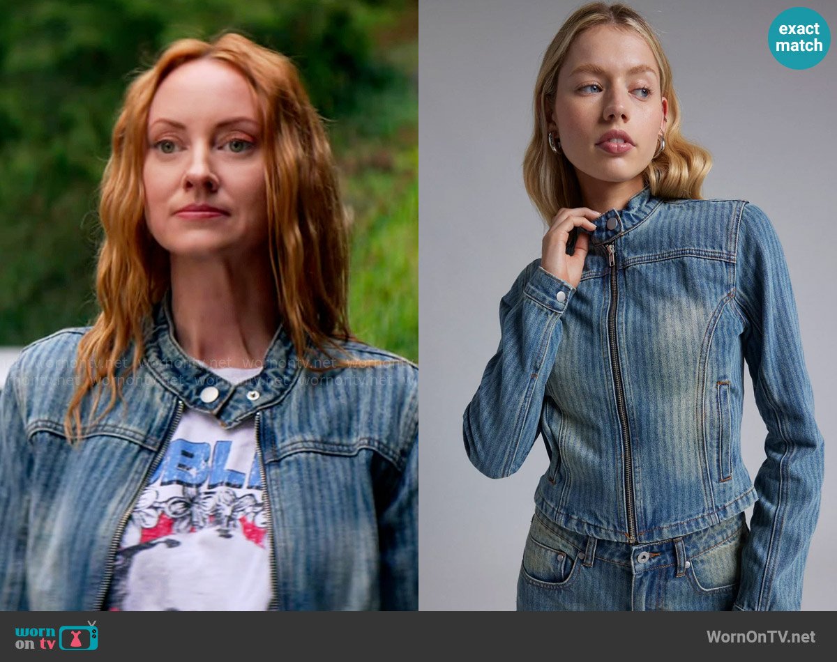 The Ragged Priest Ripley Denim Moto Jacket worn by Phyllis Diaz (Fiona Vroom) on Murder in a Small Town