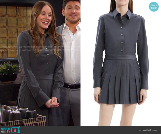 Theory Long Sleeve Pleated Shirtdress in charcoal melange  worn by Stephanie Johnson (Abigail Klein) on Days of our Lives
