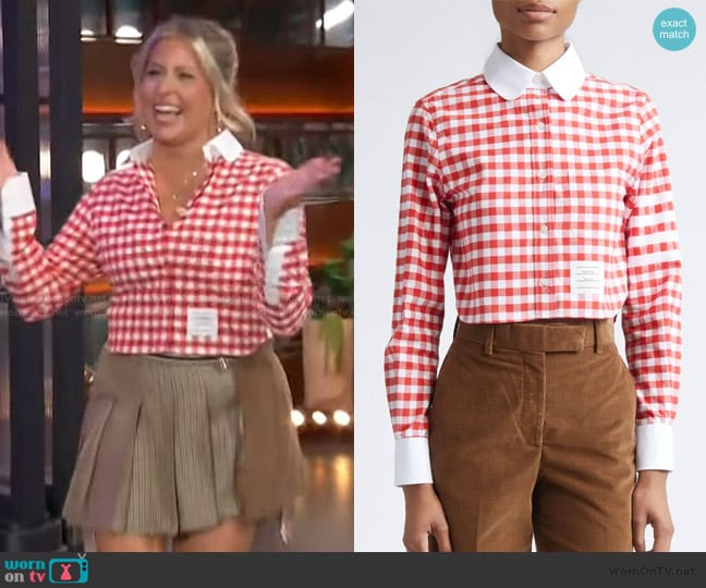 Thom Browne 4-Bar Gingham Check Flannel Crop Button-Up Shirt worn by Becky Robinson on The Kelly Clarkson Show