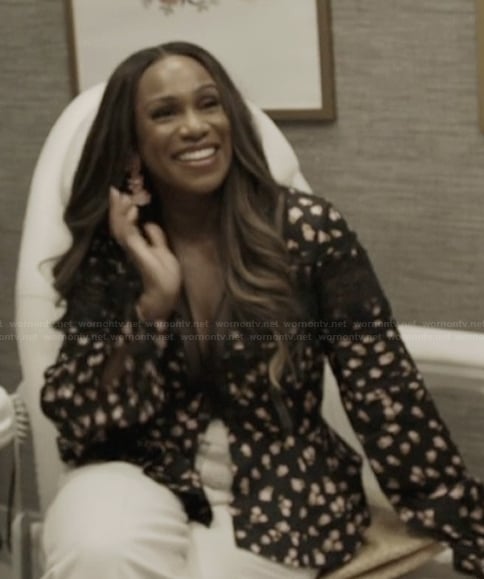 Tia's floral lace inset blouse on The Real Housewives of Potomac