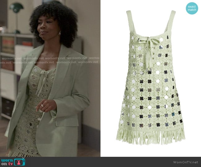 Toccin Brinkley Mirror Crochet Fringed Minidress in Mint worn by  Monica Wilson (Brandee Evans) on Reasonable Doubt