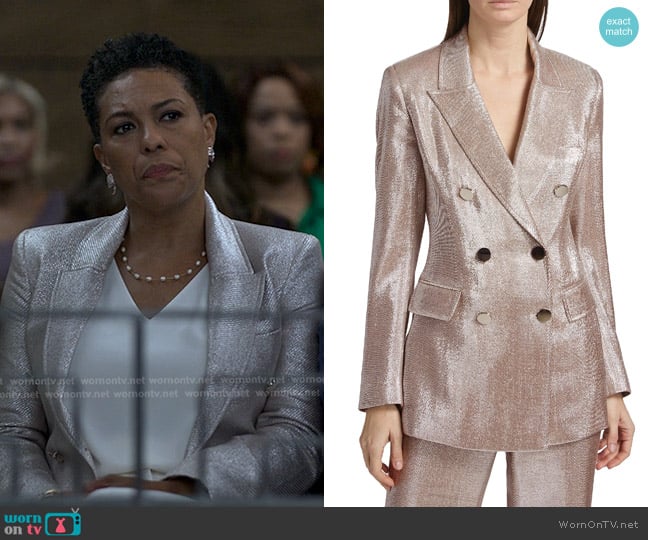 Toccin Mia Double-Breasted Metallic Blazer worn by Rosie Edwards (April Parker Jones) on Reasonable Doubt