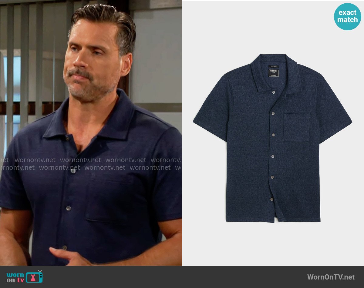 Todd Snyder Linen-Cotton Polo in Captain Navy worn by Nick Newman (Joshua Morrow) on The Young and the Restless