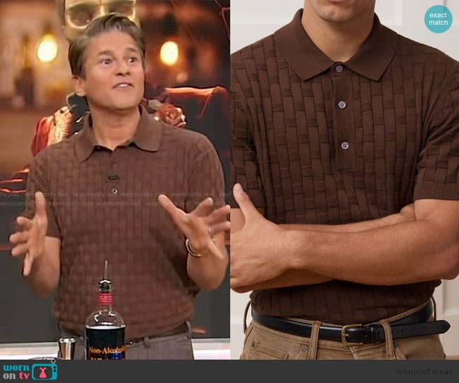 David Burtka’s brown weave polo on Sherri