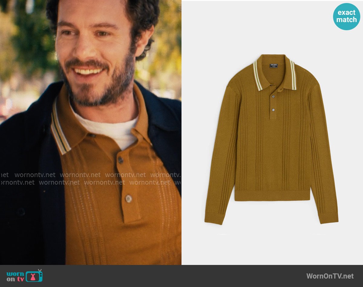 Todd Snyder Silk-Cotton Tipped Sweater Polo in Pine Cone worn by Noah (Adam Brody) on Nobody Wants This