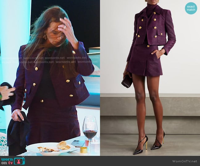 Tom Ford Double-Breasted Metallic Tweed Jacket and Mini Skirt worn by Meredith Marks on The Real Housewives of Salt Lake City