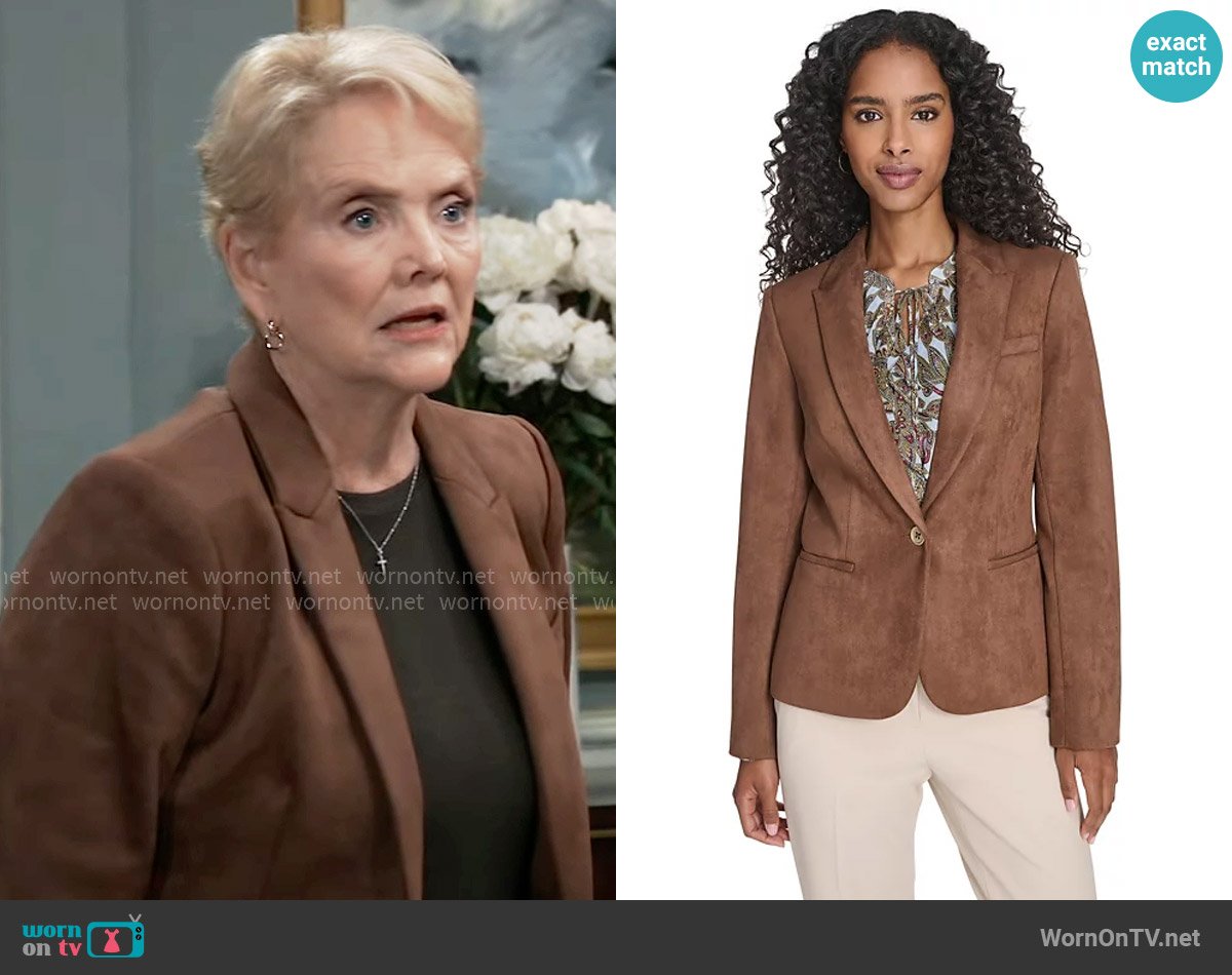 Tommy Hilfiger Scuba Suede One Button Collared Blazer in Cognac Brown worn by Veronica Bard (Erika Slavek) on General Hospital