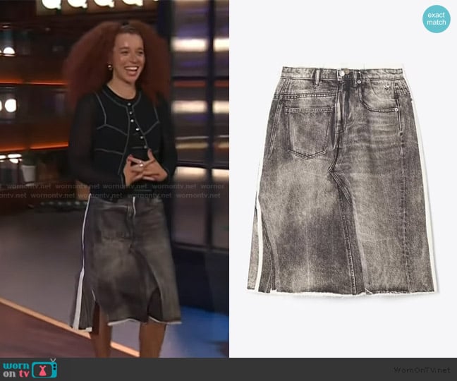 Tory Burch Overprinted Deconstructed Denim Skirt worn by Erin Kellyman on The Kelly Clarkson Show
