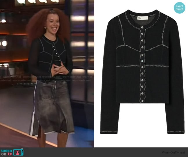 Tory Burch ribbed button-up cardigan worn by Erin Kellyman on The Kelly Clarkson Show