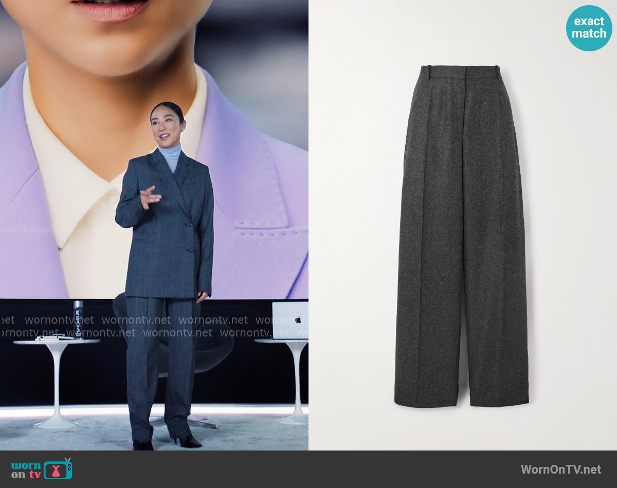 Toteme Wide-Leg Flannel Trousers worn by Stella Bak (Greta Lee) on The Morning Show