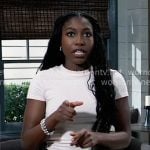 Trina’s leather skirt with pearl buttons on General Hospital