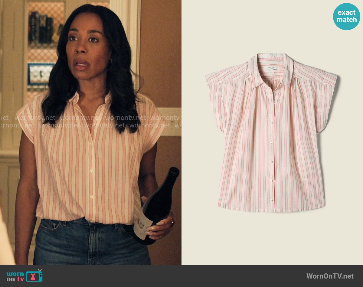 Mia’s pink striped top on The Morning Show Mia’s pink striped top on The Morning Show