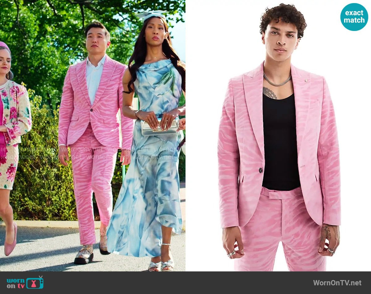 Twisted Tailor Magnussen skinny jacket in pink worn by Nicholas (Joel Kim Booster) on Loot