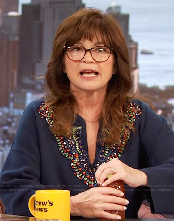 Valerie Bertinelli's navy beaded blouse on The Drew Barrymore Show