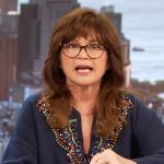 Valerie Bertinelli’s navy beaded blouse on The Drew Barrymore Show