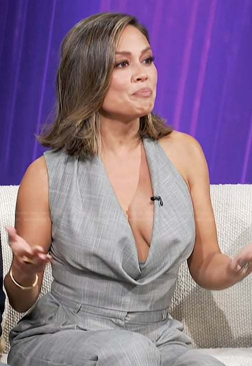 Vanessa Lachey’s gray drape top and pants on Access Hollywood