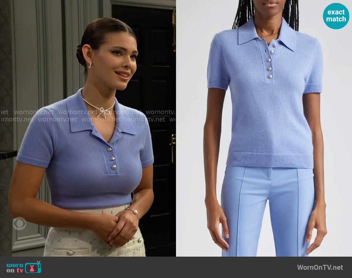 Veronica Beard Brandt Cashmere Polo Top in Hydrangea worn by Electra Forrester (Laneya Grace) on The Bold and the Beautiful