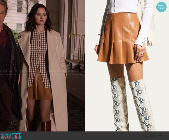 Veronica Beard Carter Vegan Leather Pleated Mini Skirt worn by Mabel Mora (Selena Gomez) on Only Murders in the Building