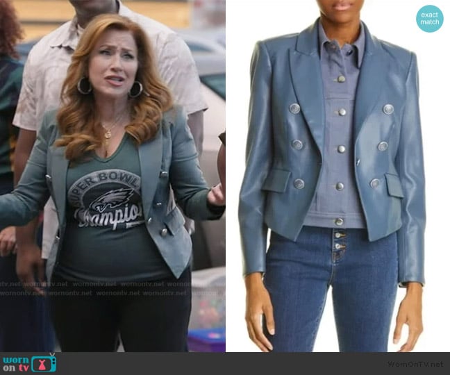 Veronica Beard Faux Leather Dickey Marine Jacket worn by Melissa Schemmenti (Lisa Ann Walter) on Abbott Elementary