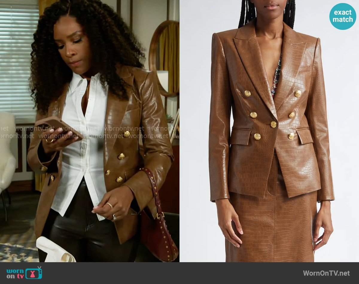 Veronica Beard Lawrence Croc Embossed Leather Jacket worn by Naomi Hamilton Hawthorne (Arielle Prepetit) on Beyond the Gates