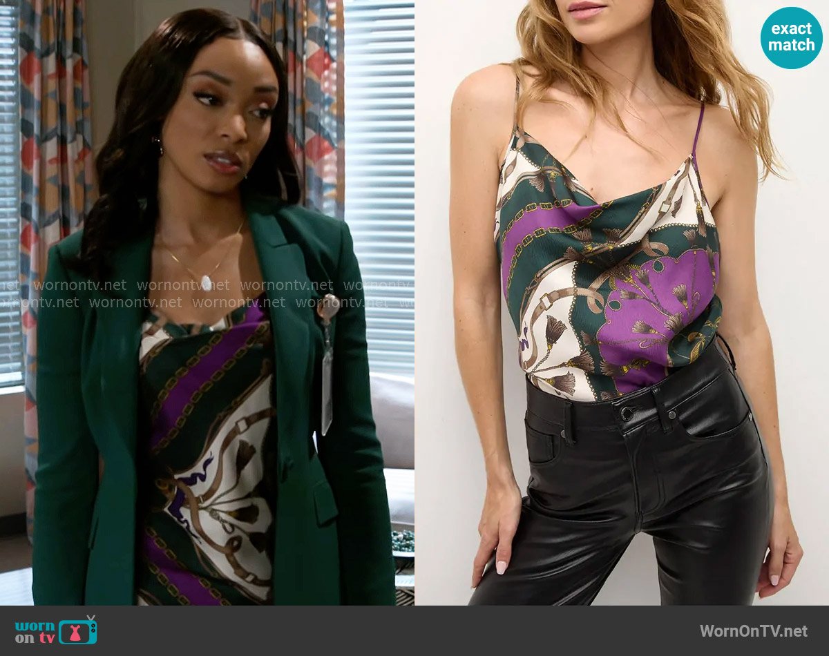 Veronica Beard Sola Silk Tank im Pine Multi worn by Madison Montgomery (Kenjah) on Beyond the Gates