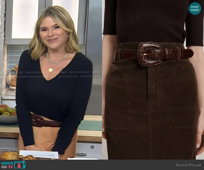 Veronica Beards Elsy Leather-Buckle Belt in Chestnut worn by Jenna Bush Hager on Today