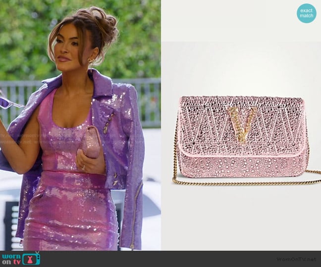 Versace Mini Virtus Crystal-Embellished Satin Crossbody Bag worn by Chrishell Stause on Selling Sunset