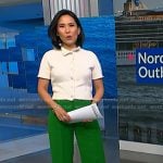Vicky’s white short sleeve cardigan and green pants on NBC News Daily