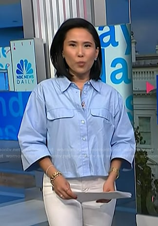 Vicky’s blue cropped button down shirt on NBC News Daily