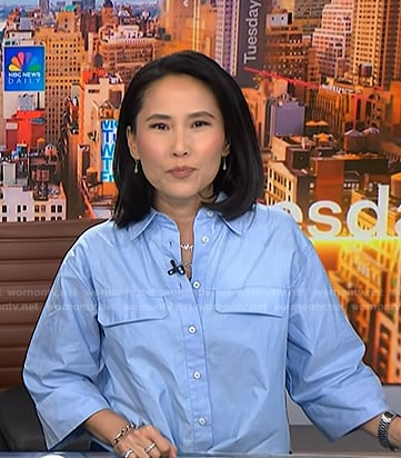 Vicky's blue cropped button down shirt on NBC News Daily