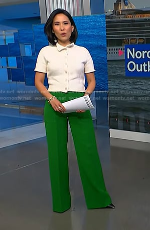 Vicky’s white short sleeve cardigan and green pants on NBC News Daily