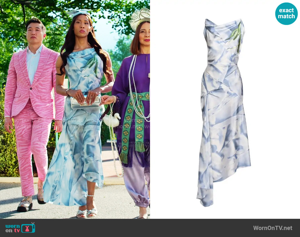Victoria Beckham Asymmetric Printed Satin Draped Midi-Dress worn by Sofia Salinas (Michaela Jaé Rodriguez) on Loot