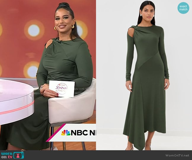 Victoria Beckham Twist Armhole Detail Midi Dress in Oregano worn by Nessa Diab on Today