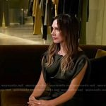 Victoria Beckham’s dark green satin top and skirt on Today