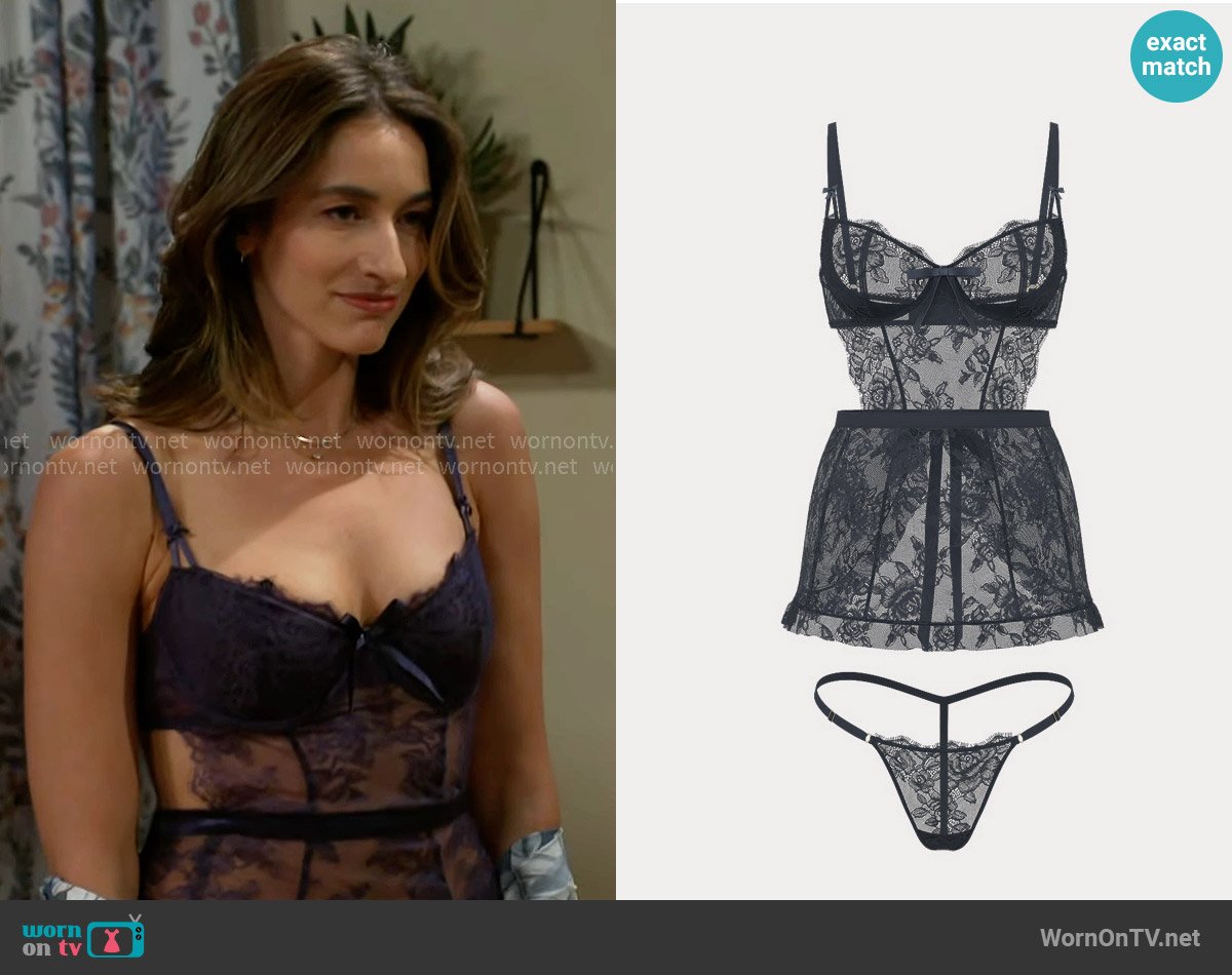 Victorias Secret Wicked Unlined Rose Lace Apron Set in Navy Blue worn by Ashley Morgan (Jen Jacob) on Beyond the Gates
